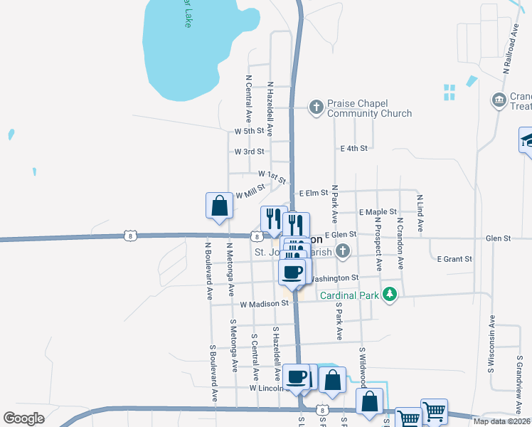 map of restaurants, bars, coffee shops, grocery stores, and more near 106 Railway Lane in Crandon