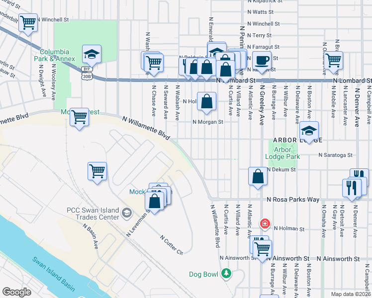 map of restaurants, bars, coffee shops, grocery stores, and more near 6942 North Vincent Avenue in Portland