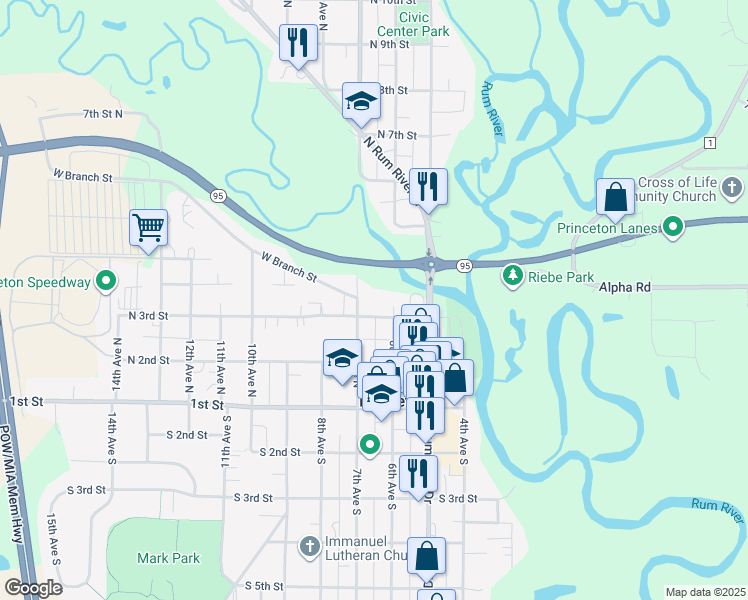 map of restaurants, bars, coffee shops, grocery stores, and more near 604 North 3rd Street in Princeton