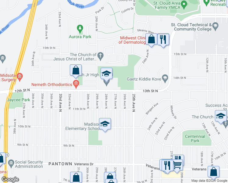 map of restaurants, bars, coffee shops, grocery stores, and more near 2720 12th Street North in St. Cloud