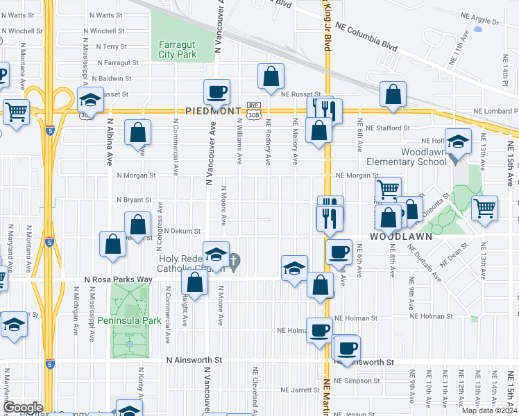 map of restaurants, bars, coffee shops, grocery stores, and more near 6930 Northeast Cleveland Avenue in Portland