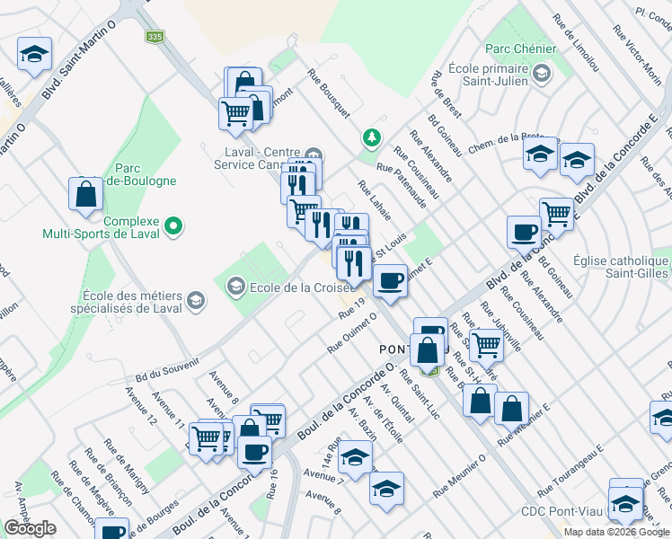 map of restaurants, bars, coffee shops, grocery stores, and more near 802 Boulevard des Laurentides in Laval