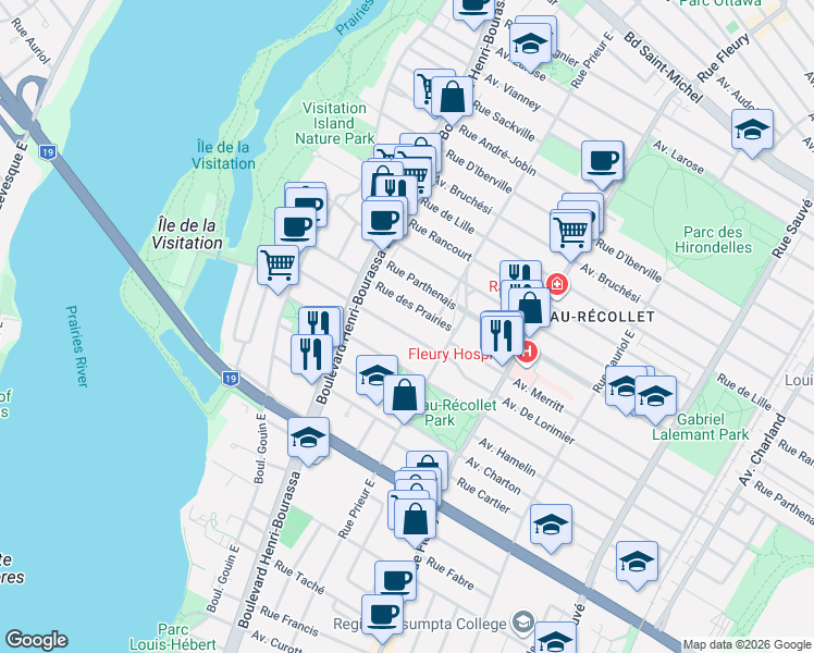 map of restaurants, bars, coffee shops, grocery stores, and more near 10605 Avenue De Lorimier in Montréal