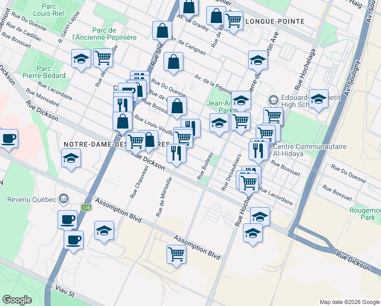map of restaurants, bars, coffee shops, grocery stores, and more near 2881 Rue Lacordaire in Montréal