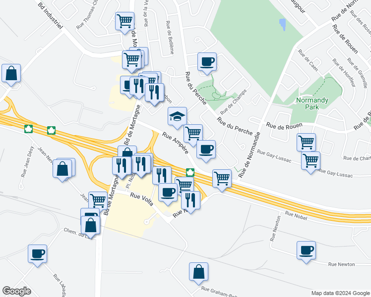 map of restaurants, bars, coffee shops, grocery stores, and more near 1205 Rue Ampère in Boucherville