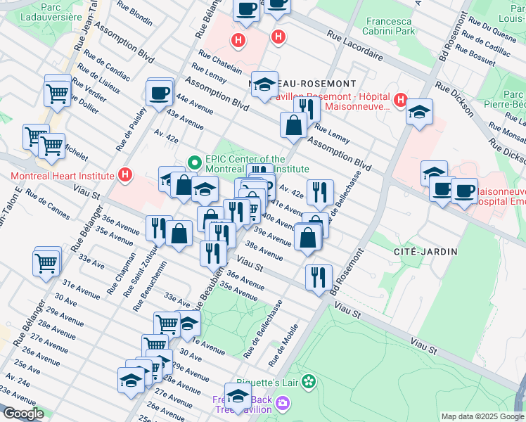 map of restaurants, bars, coffee shops, grocery stores, and more near 5152 Rue Beaubien Est in Montréal