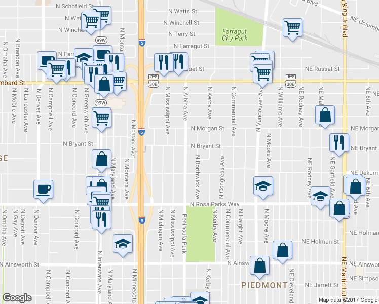 map of restaurants, bars, coffee shops, grocery stores, and more near in Portland