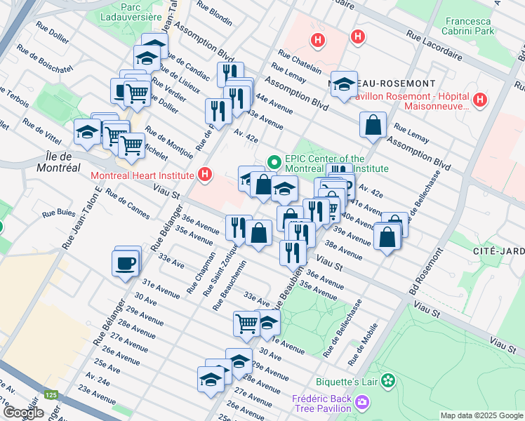map of restaurants, bars, coffee shops, grocery stores, and more near 5010 Rue Saint-Zotique Est in Montréal