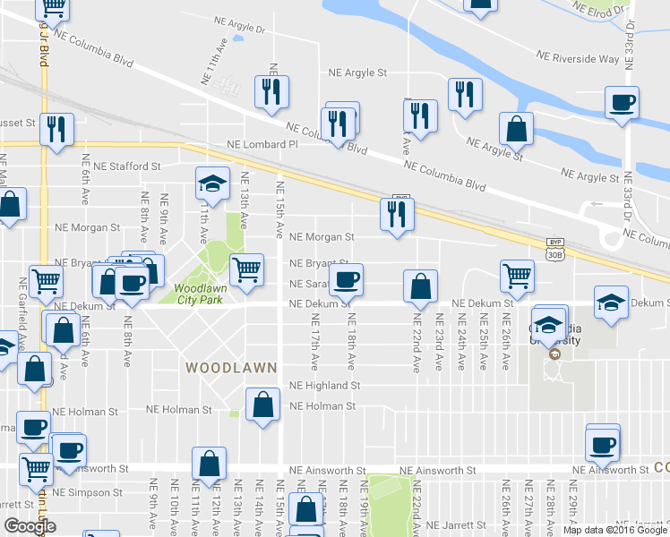 map of restaurants, bars, coffee shops, grocery stores, and more near 1746 Northeast Bryant Street in Portland