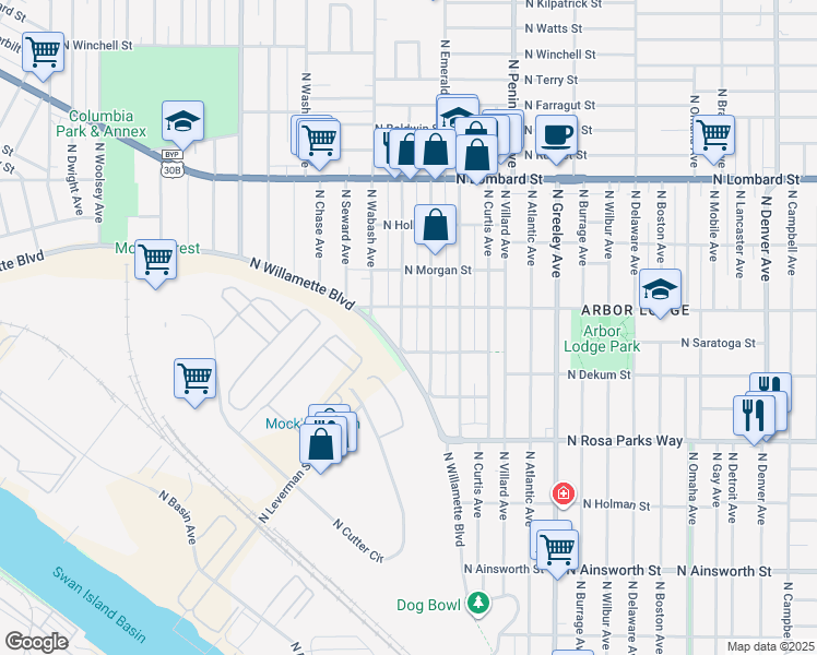 map of restaurants, bars, coffee shops, grocery stores, and more near 6942 North Vincent Avenue in Portland