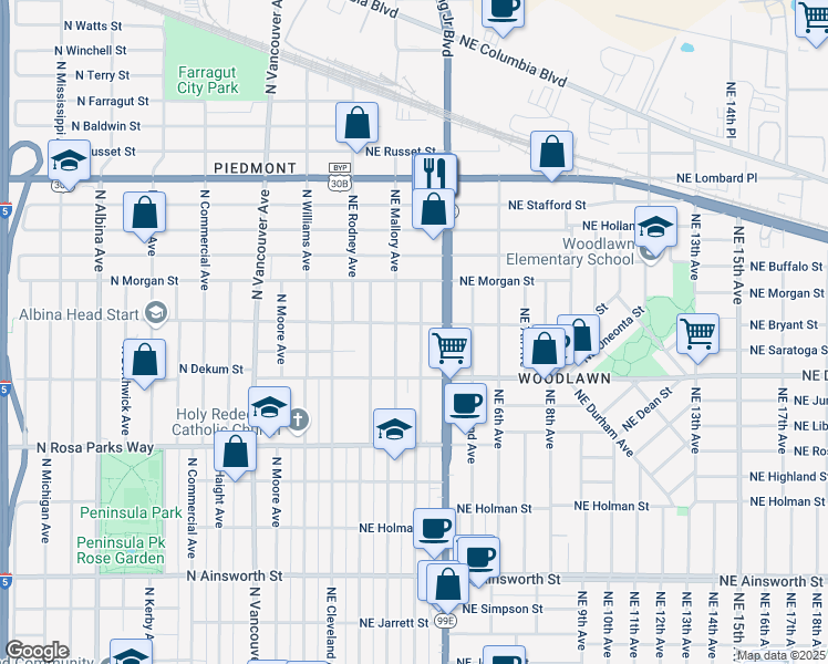 map of restaurants, bars, coffee shops, grocery stores, and more near 6933 Northeast Garfield Avenue in Portland