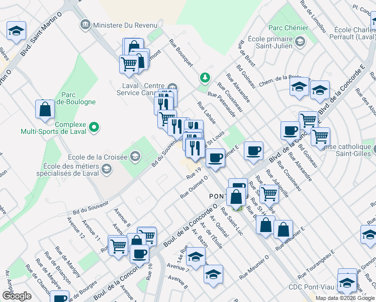 map of restaurants, bars, coffee shops, grocery stores, and more near 700 Boulevard des Laurentides in Laval