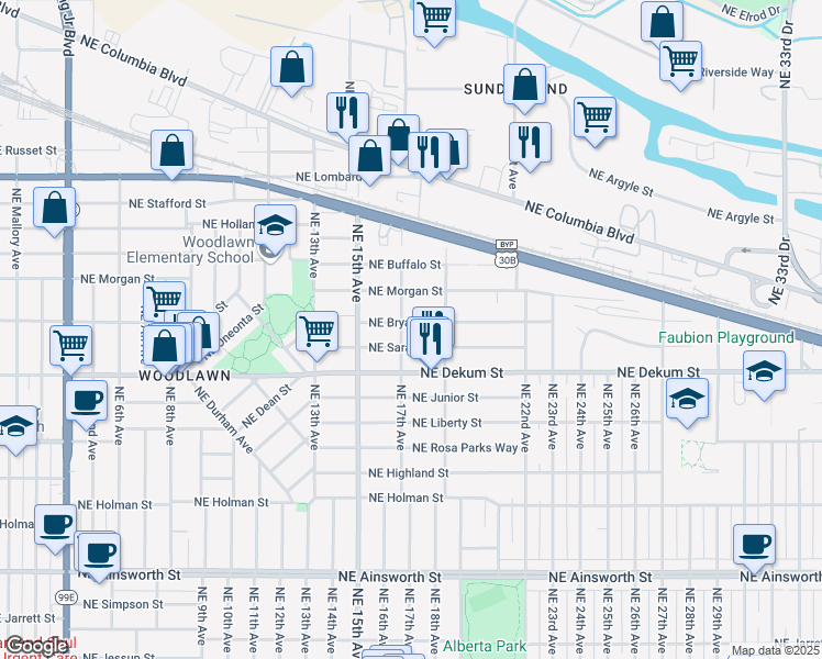 map of restaurants, bars, coffee shops, grocery stores, and more near 1714 Northeast Bryant Street in Portland