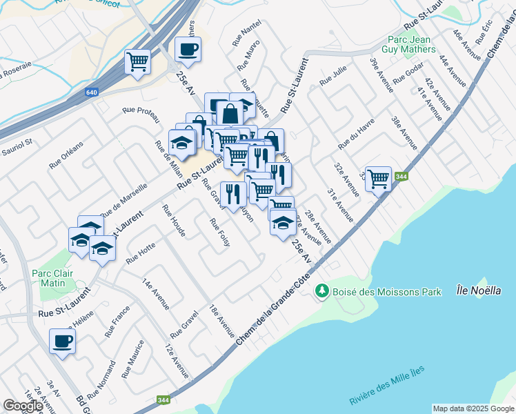 map of restaurants, bars, coffee shops, grocery stores, and more near in Saint-Eustache
