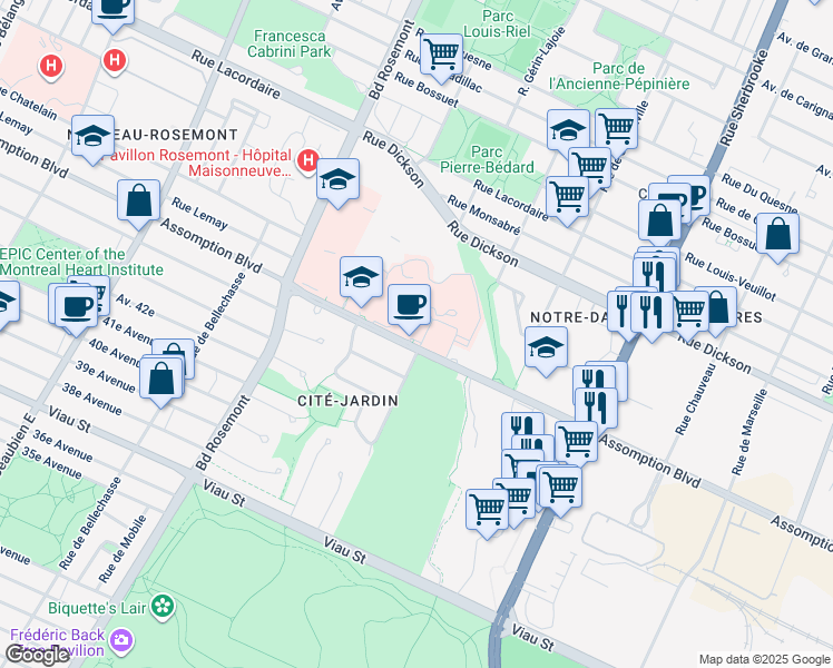 map of restaurants, bars, coffee shops, grocery stores, and more near in Montréal