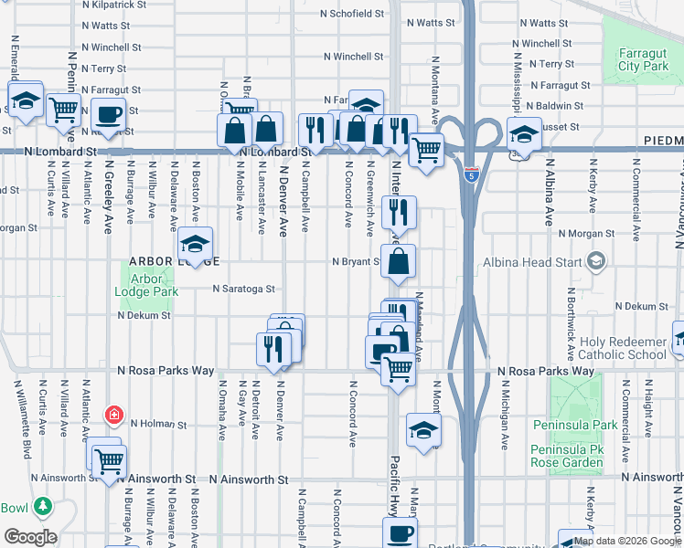 map of restaurants, bars, coffee shops, grocery stores, and more near 6933 North Concord Avenue in Portland