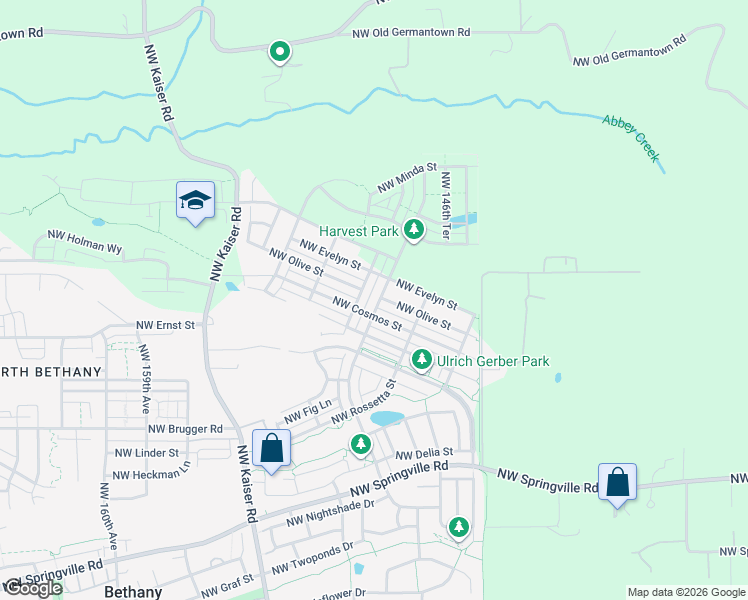 map of restaurants, bars, coffee shops, grocery stores, and more near 14954 Northwest Olive Street in Portland