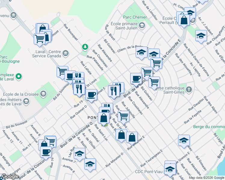 map of restaurants, bars, coffee shops, grocery stores, and more near 551 A Rue Jubinville in Laval