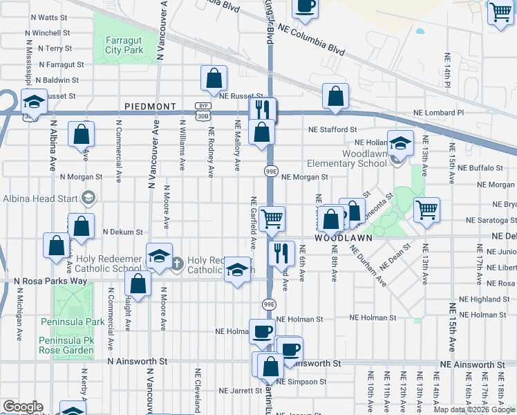 map of restaurants, bars, coffee shops, grocery stores, and more near 6933 Northeast Garfield Avenue in Portland