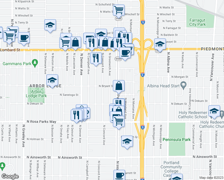map of restaurants, bars, coffee shops, grocery stores, and more near 6925 North Greenwich Avenue in Portland
