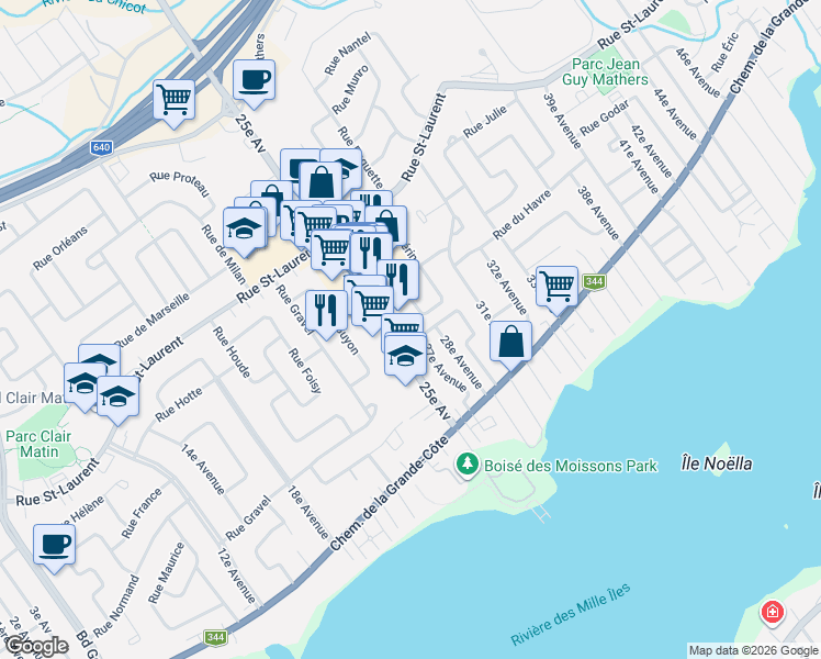 map of restaurants, bars, coffee shops, grocery stores, and more near 135 25e Avenue in Saint-Eustache
