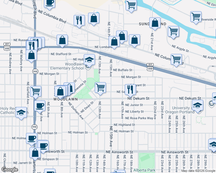 map of restaurants, bars, coffee shops, grocery stores, and more near 6929 Northeast 15th Avenue in Portland