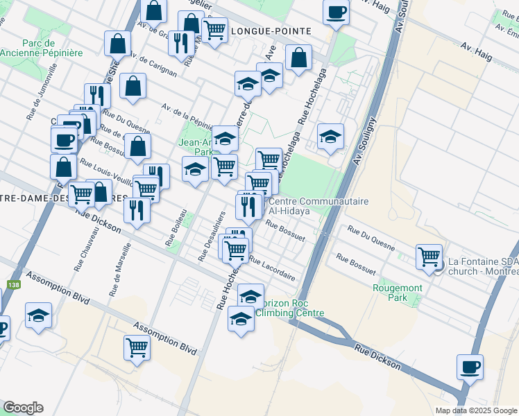 map of restaurants, bars, coffee shops, grocery stores, and more near in Montreal