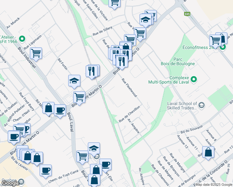 map of restaurants, bars, coffee shops, grocery stores, and more near 666 Boulevard Saint-Martin Ouest in Laval