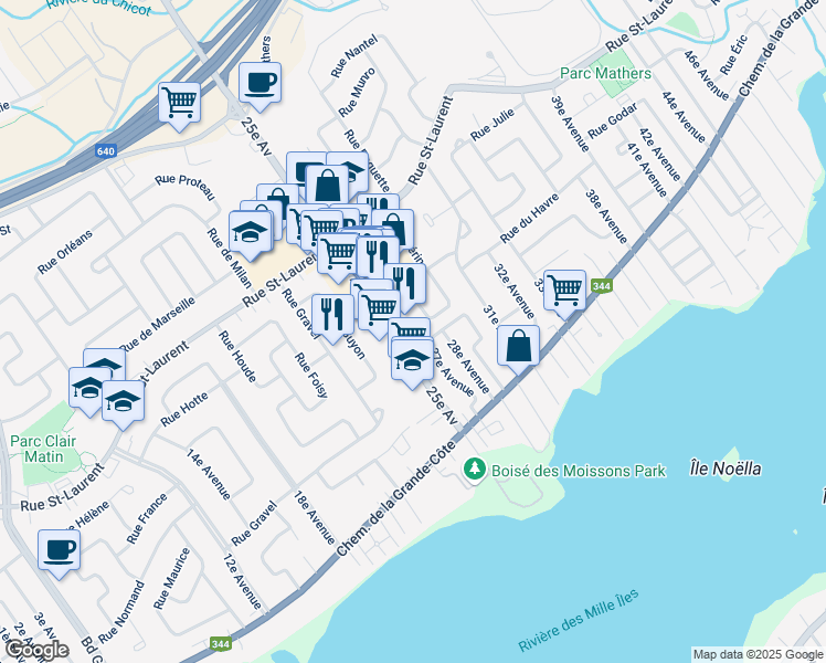 map of restaurants, bars, coffee shops, grocery stores, and more near 135G 25e Avenue in Saint-Eustache