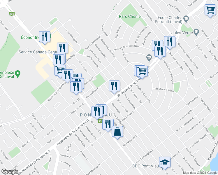map of restaurants, bars, coffee shops, grocery stores, and more near 551 A Rue Jubinville in Laval