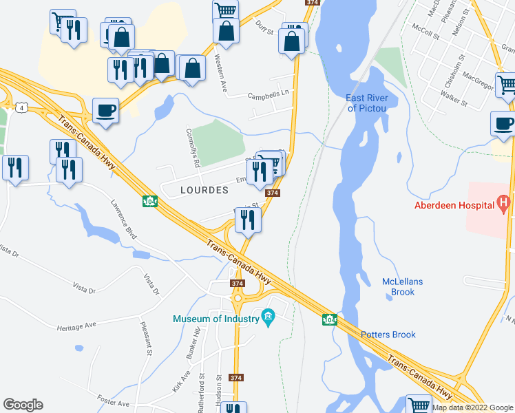 map of restaurants, bars, coffee shops, grocery stores, and more near 11 Marie Street in New Glasgow