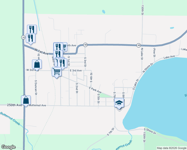 map of restaurants, bars, coffee shops, grocery stores, and more near 312 4th Street South in Luck