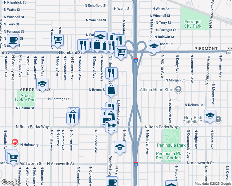 map of restaurants, bars, coffee shops, grocery stores, and more near 6912 North Interstate Avenue in Portland
