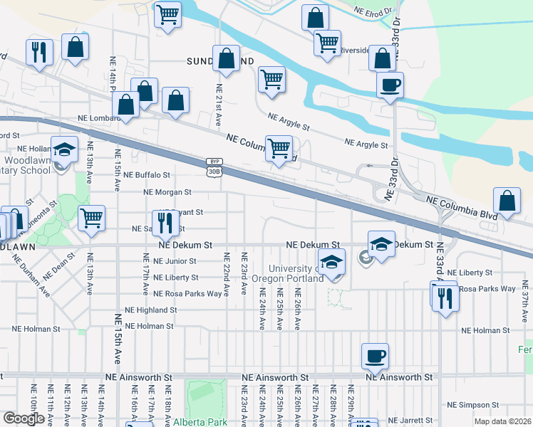map of restaurants, bars, coffee shops, grocery stores, and more near 2417 Northeast Saratoga Street in Portland