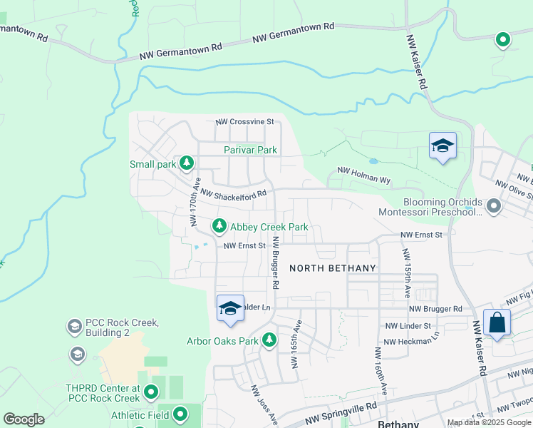 map of restaurants, bars, coffee shops, grocery stores, and more near 7350 Northwest Brugger Road in Portland