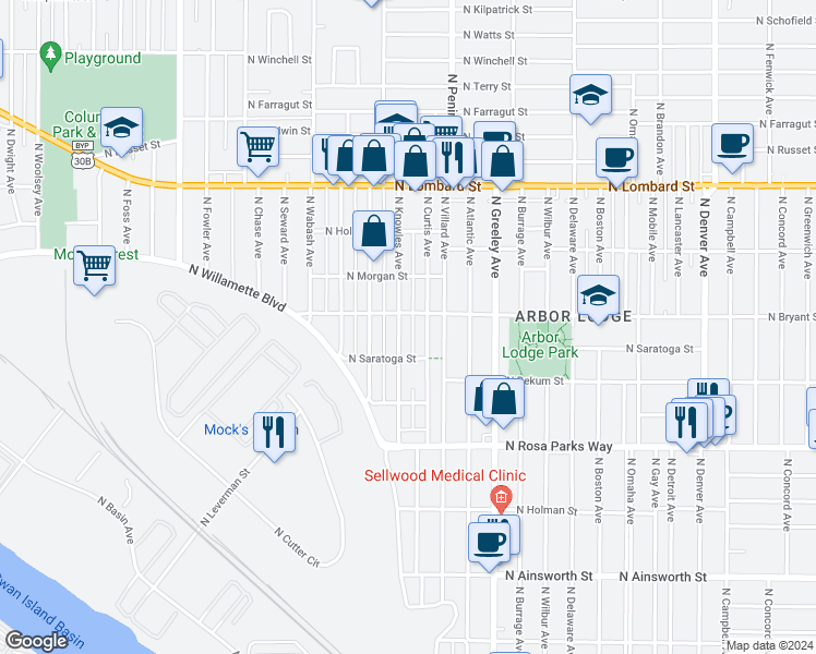 map of restaurants, bars, coffee shops, grocery stores, and more near 6943 North Curtis Avenue in Portland