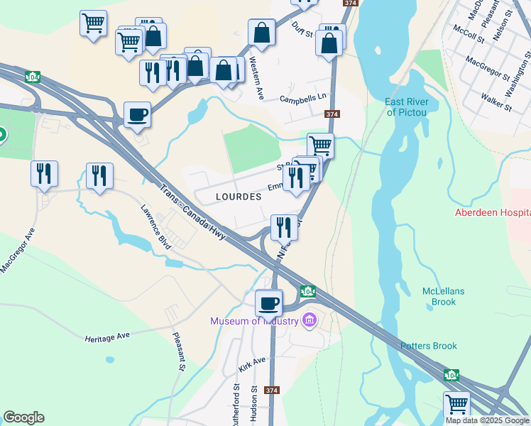 map of restaurants, bars, coffee shops, grocery stores, and more near 22 Marie Street in New Glasgow