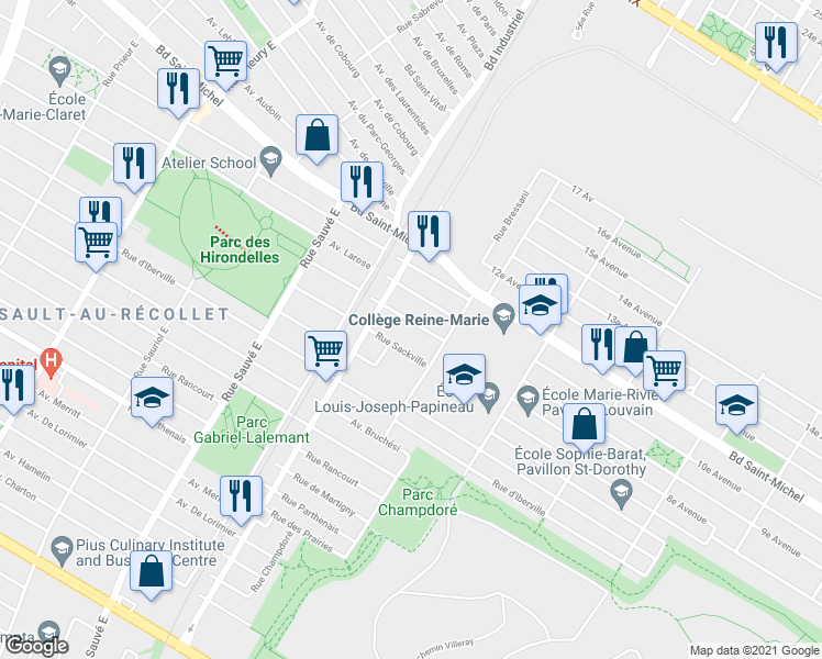 map of restaurants, bars, coffee shops, grocery stores, and more near 9438 Avenue Vianney in Montréal