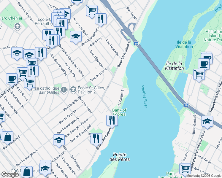map of restaurants, bars, coffee shops, grocery stores, and more near 1750 Boulevard Lévesque Est in Laval