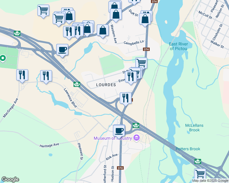 map of restaurants, bars, coffee shops, grocery stores, and more near 24 Marie Street in New Glasgow