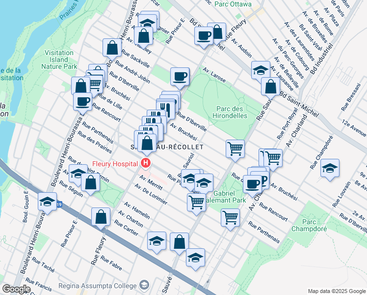 map of restaurants, bars, coffee shops, grocery stores, and more near 10154 Rue de Lille in Montréal