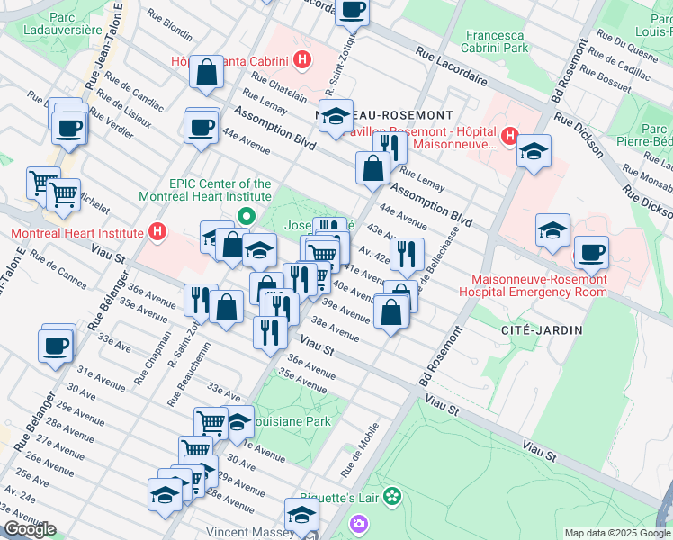 map of restaurants, bars, coffee shops, grocery stores, and more near 5184 Rue Beaubien Est in Montréal