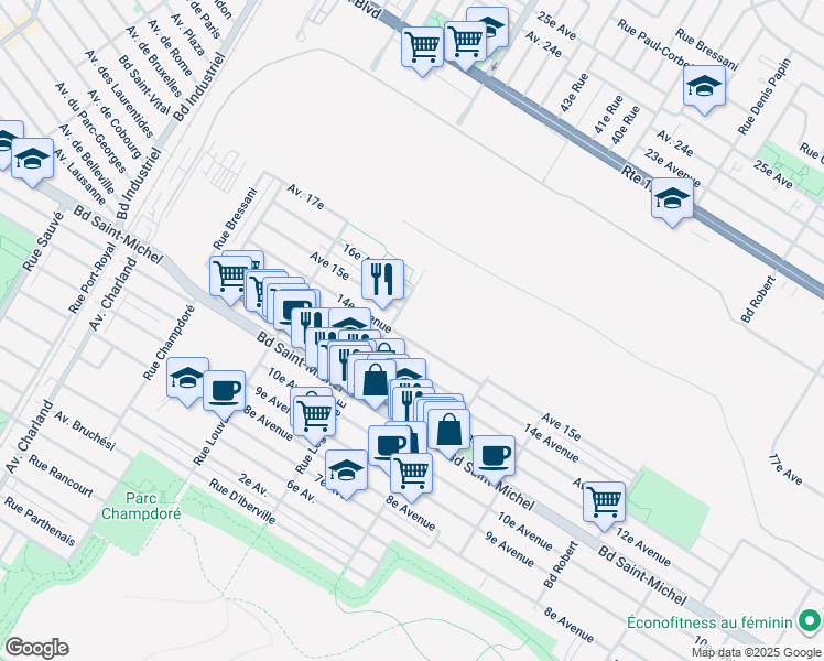 map of restaurants, bars, coffee shops, grocery stores, and more near 9001 14e Avenue in Montréal