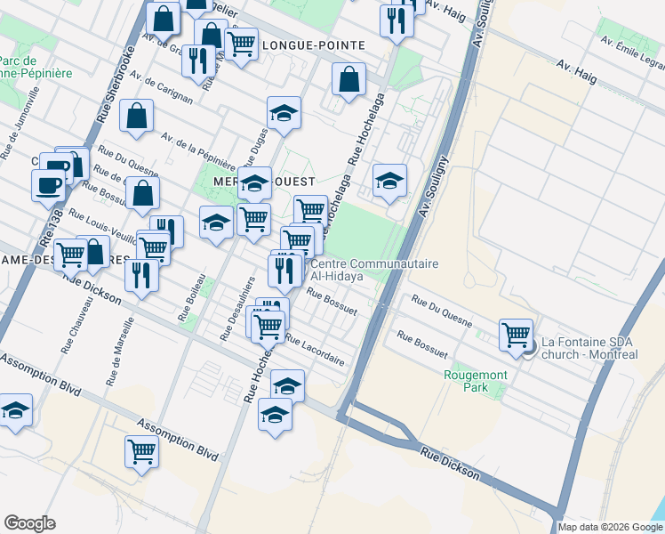 map of restaurants, bars, coffee shops, grocery stores, and more near 2446 Rue Du Quesne in Montréal