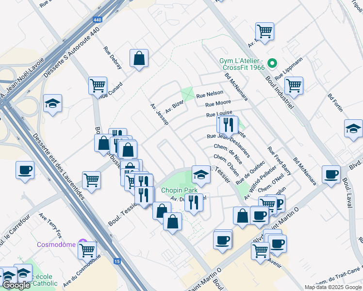 map of restaurants, bars, coffee shops, grocery stores, and more near 2048 Avenue Jessop in Laval