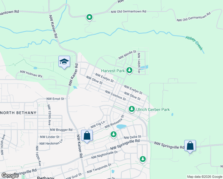 map of restaurants, bars, coffee shops, grocery stores, and more near 15043 Northwest Cosmos Street in Portland