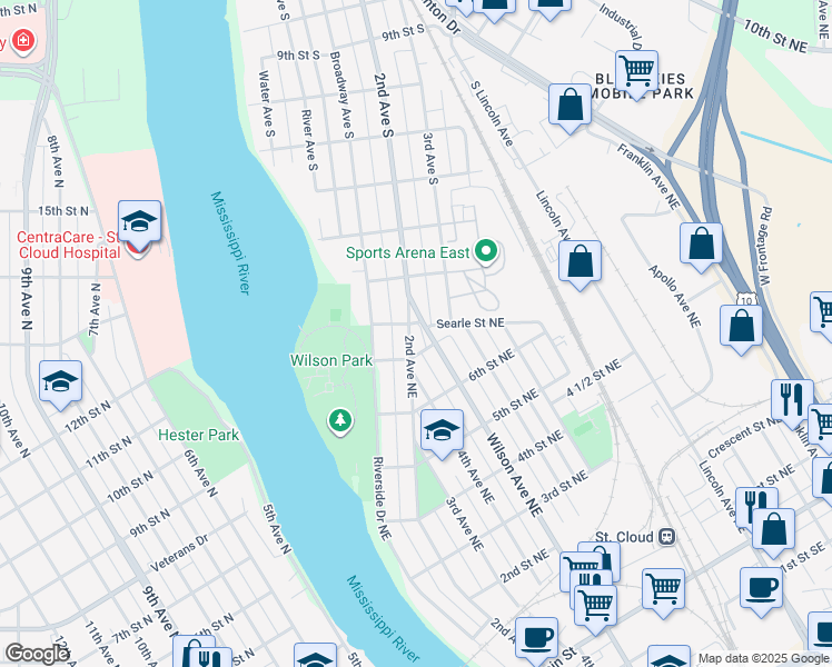 map of restaurants, bars, coffee shops, grocery stores, and more near 700 2nd Avenue Northeast in St. Cloud