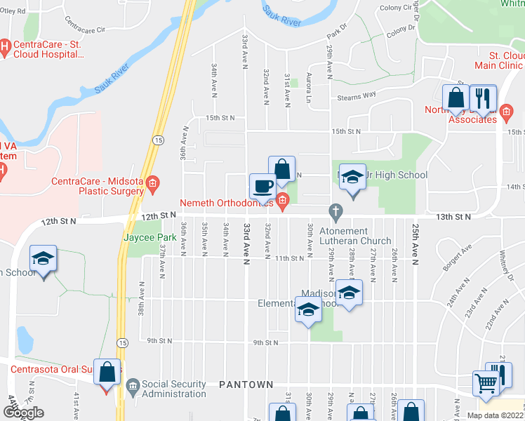 map of restaurants, bars, coffee shops, grocery stores, and more near 3200 12th Street North in St. Cloud