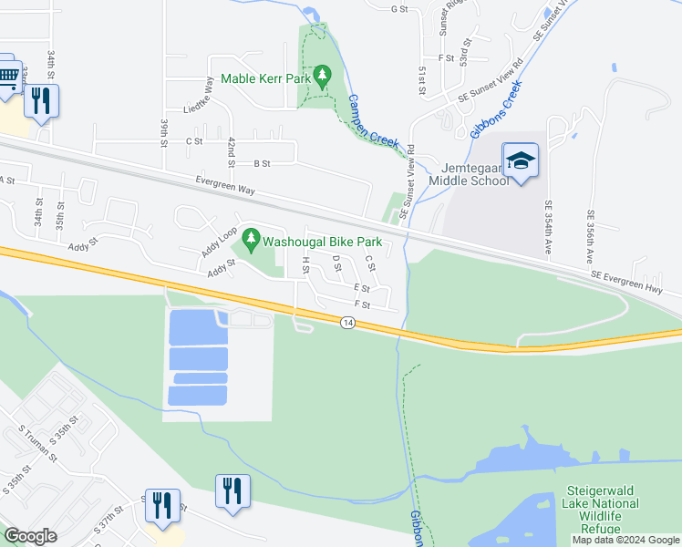 map of restaurants, bars, coffee shops, grocery stores, and more near 4501 Addy Street in Washougal