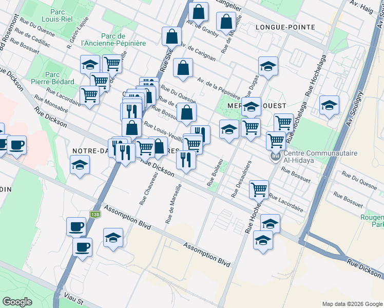 map of restaurants, bars, coffee shops, grocery stores, and more near 5809 Rue de Marseille in Montréal
